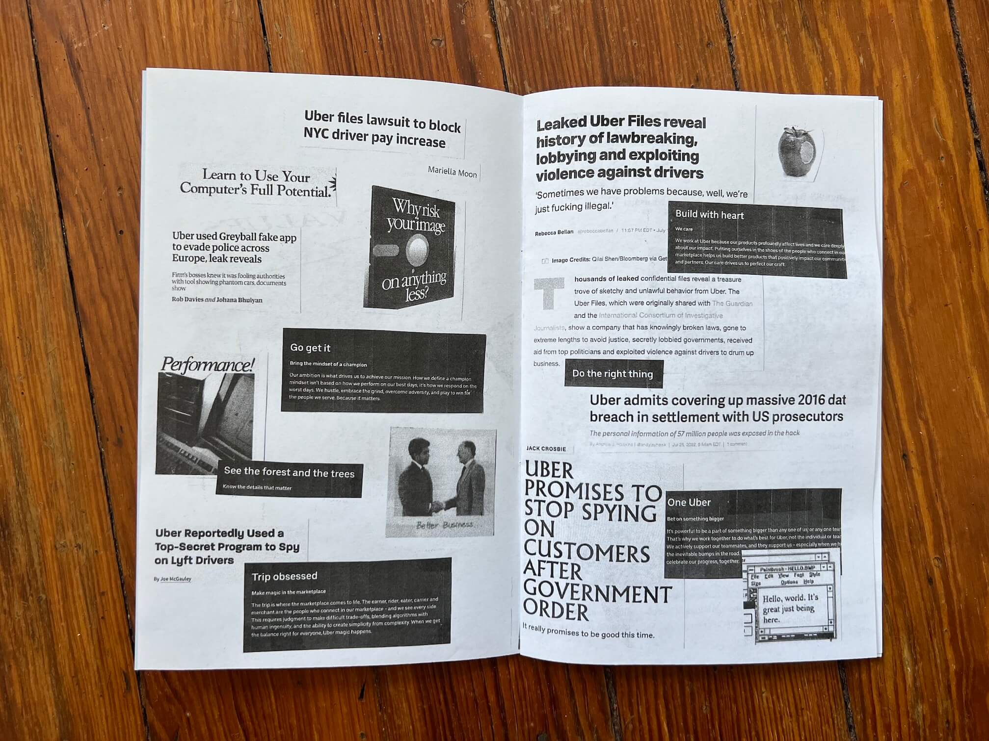 A spread in the zine about Uber's core values, like 'Do The Right Thing,' and news article headlines about Uber, such as 'Uber Promises To Stop Spying On Customers After Government Order.'