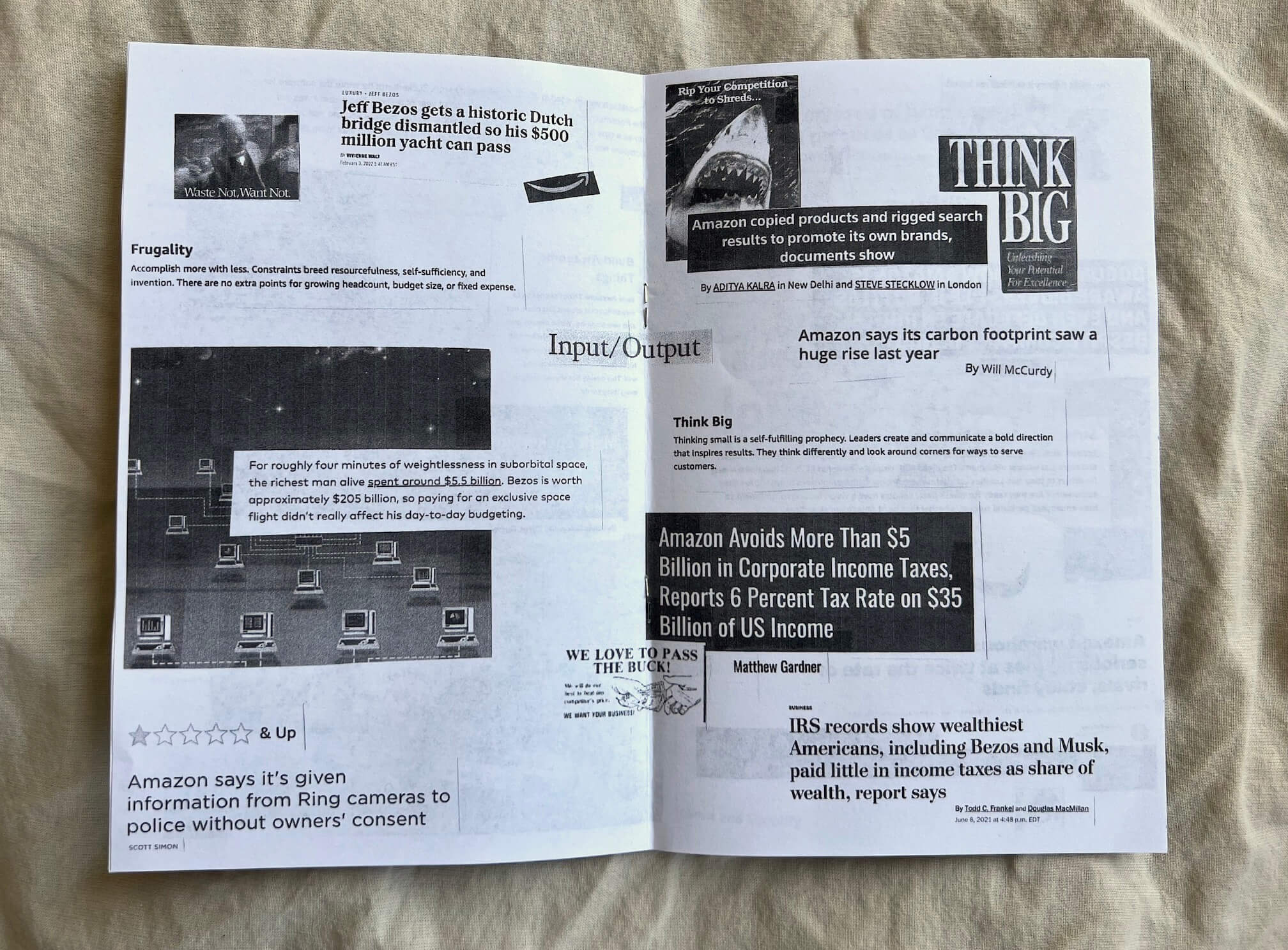 A spread in the zine about Amazon's core values, like 'Think Big,' and news article headlines about Amazon, such as 'Amazon copied products and rigged search results to promote its own brand, documents show.'