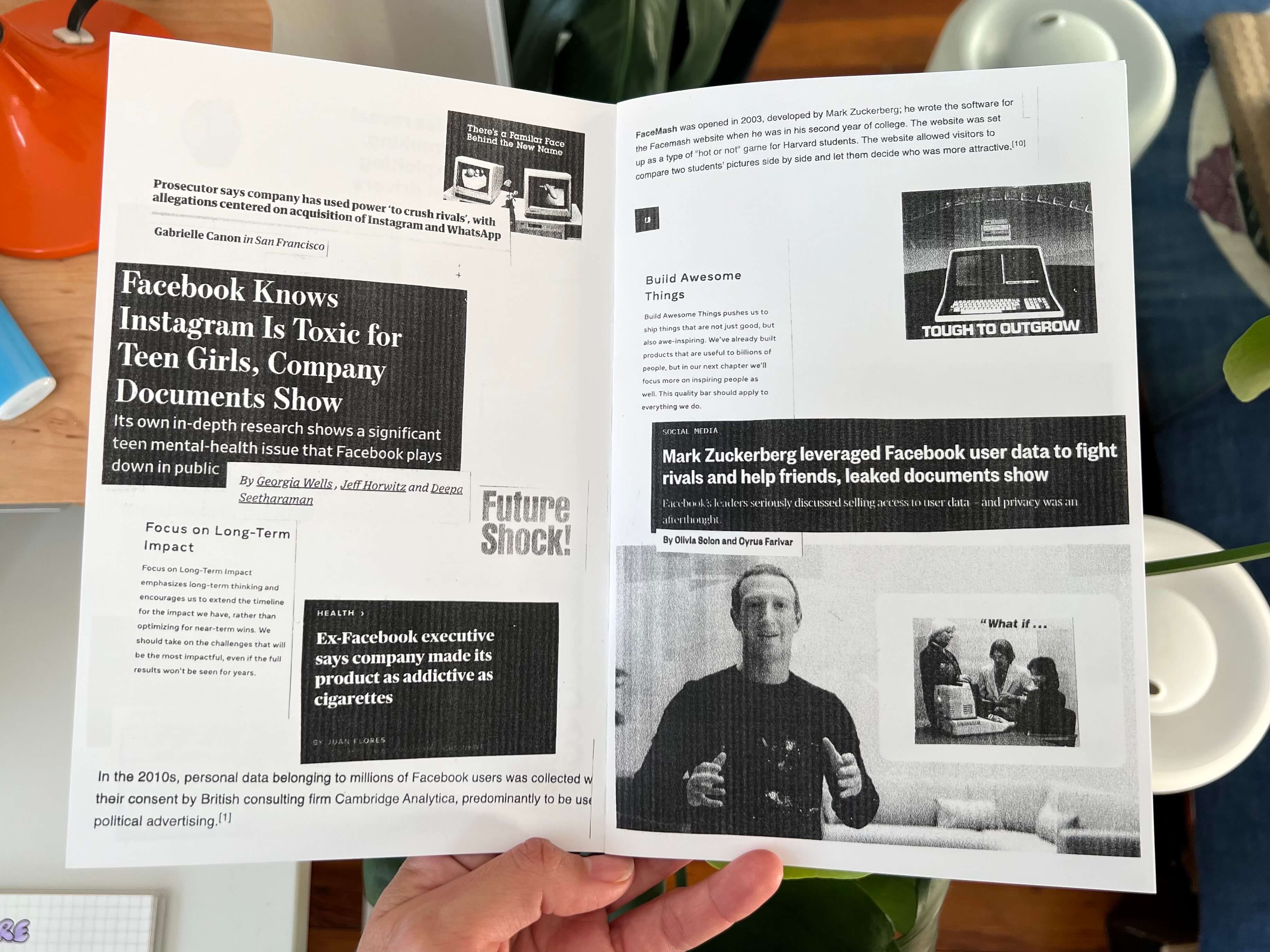 A spread in the zine about Facebook (now Meta) and its core values, like 'Focus On Long-Term Impact,' and news article headlines about Facebook, such as 'Facebook Knows Instagram is Toxic To Teen Girls, Company Documents Show.'