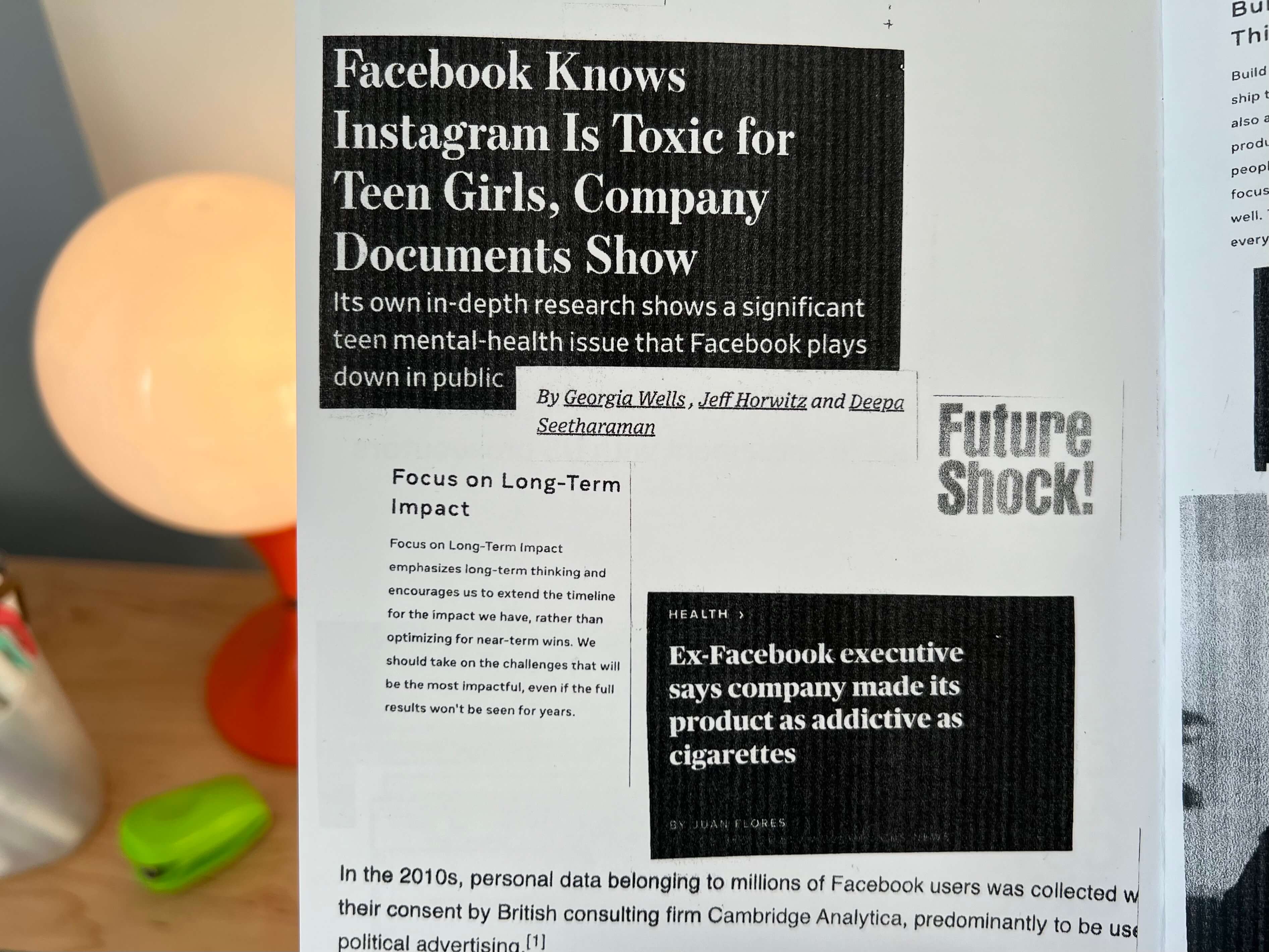 A spread in the zine about Facebook (now Meta) and its core values, like 'Focus On Long-Term Impact,' and news article headlines about Facebook, such as 'Facebook Knows Instagram is Toxic To Teen Girls, Company Documents Show.'
