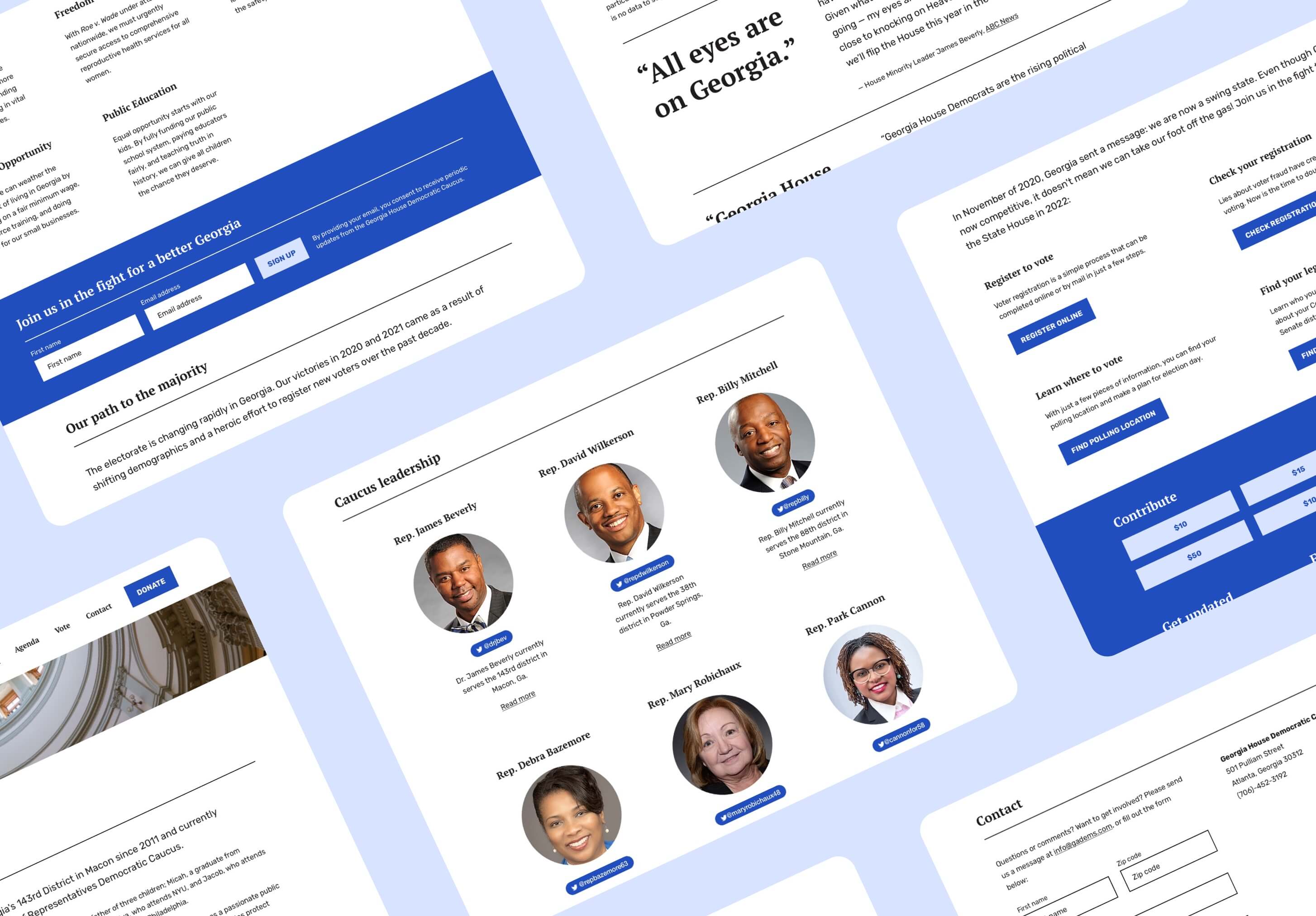 Different screenshots of the newly-designed website, including Caucus leadership, a contact form, agenda section, and more.